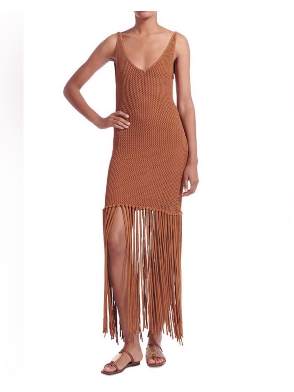 STAUD COSSETTE DRESS Brown Deck Deck Slip Maxi with delicate knit fringe large